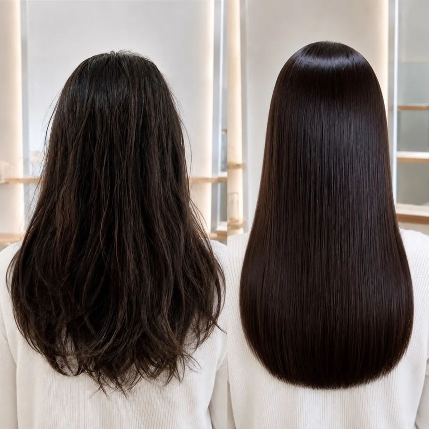 うねりのあるロングヘアの施術前と施術後
